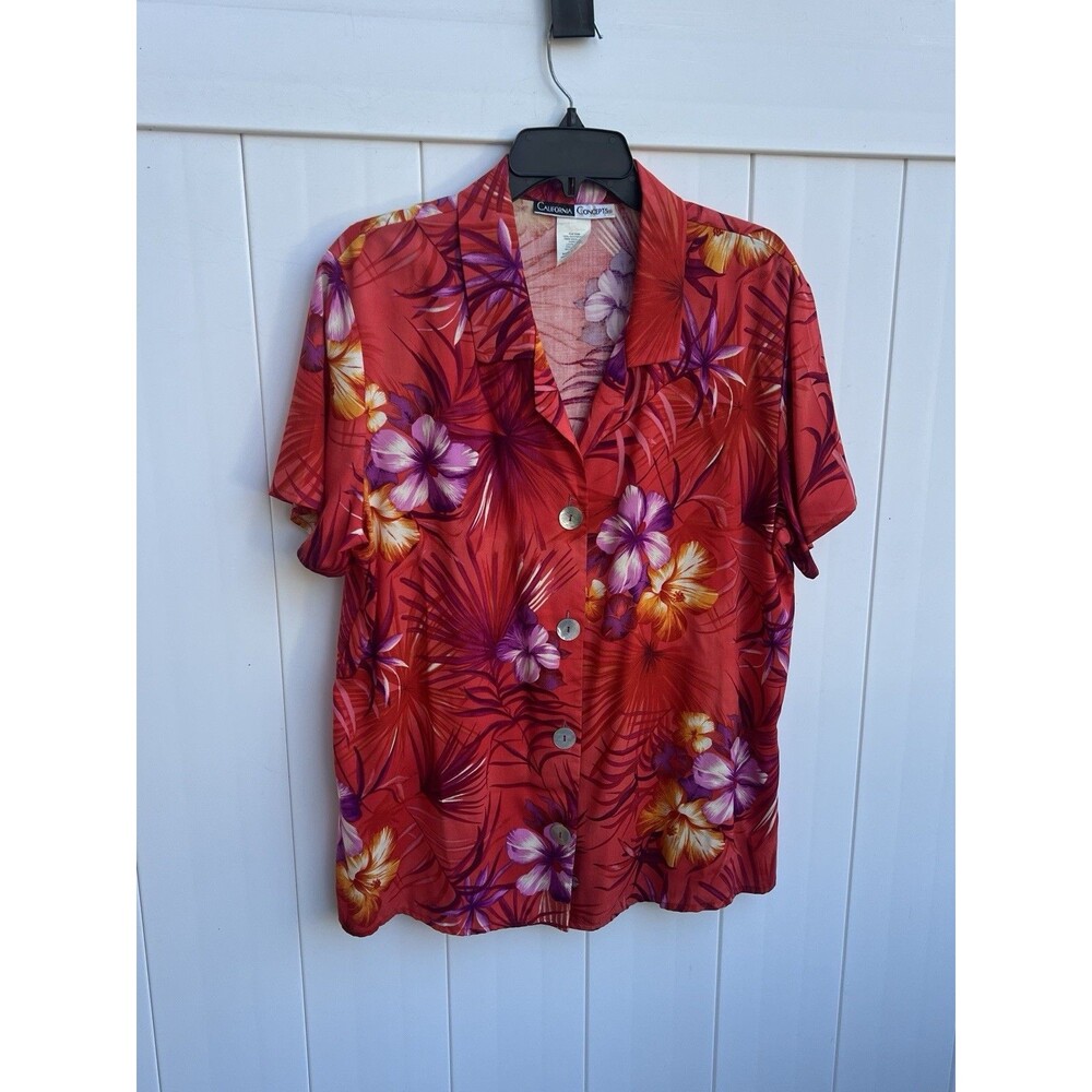 Vintage 90s California Concepts Floral Short Sleeve Button Up Red Size 10